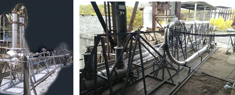 Рисунок 9. Прототипы гибридных энергетических магистралей. Слева: первый прототип– 10 м, первый в мире образец такой системы в металле; справа - второй прототип – 30 м, 25 кВ, 75 МВт электрической, 60 МВт химической мощности. Премия Правительства РФ 2012 года.